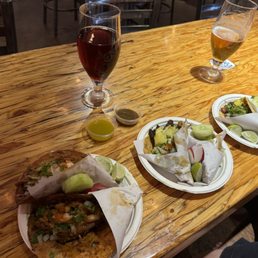 Sangria Seltzer and beer.  Birria, adobada and carnitas tacos