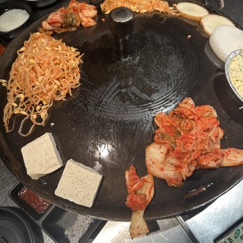 Honey Pig BBQ - Kimchi, bean sprouts, tofu, onions, potato, corn cheese - Korean Near Me - Irvine, California