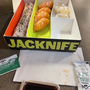 Jacknife - Salmon sushi, the soy sauce tray (so cute) and some delicious roll I'm forgetting what it was! Sorry! - Sushi Bars Near Me - Madison, Wisconsin Jacknife - Salmon sushi, the soy sauce tray (so cute) and some delicious roll I'm forgetting what it was! Sorry! - Sushi Bars Near Me - Madison, Wisconsin