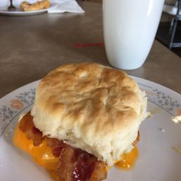 Biscuit with cheddar and bacon, hazelnut coffee. Biscuit with cheddar and bacon, hazelnut coffee.