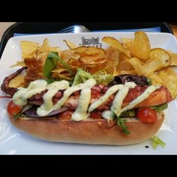Octopus Hot Dog with Mixed Greens, Aioli, and Kettle Chips Octopus Hot Dog with Mixed Greens, Aioli, and Kettle Chips