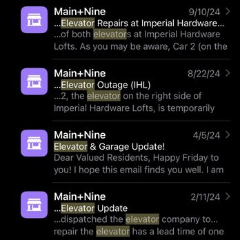 Main+Nine Apartments - example of elevator issues. You can see by the dates it happens frequently. - Apartments Near Me - Riverside, California