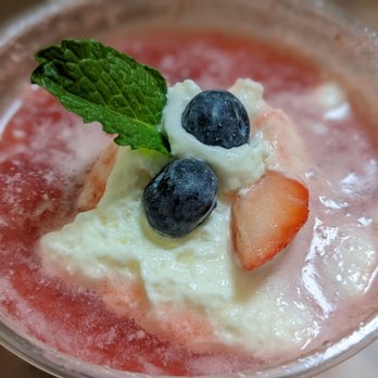 Cafe N One - Top view of my strawberry panna cotta. It looks like Frosty the Snowman had a meltdown! It's BOGO on Uber Eats. - Desserts Near Me - Markham, Ontario