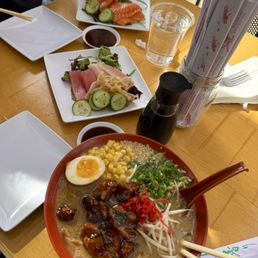 Chicken Ramen and sashimi