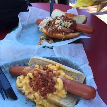 Refreshment Corner - Mac & cheese hot dog and pulled pork hot dog - Food Stands Near Me - Anaheim, California Refreshment Corner - Mac & cheese hot dog and pulled pork hot dog - Food Stands Near Me - Anaheim, California