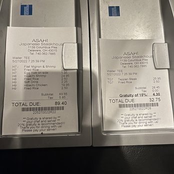 Asahi Japenese Steakhouse - Receipt - Japanese Near Me - Delaware, Ohio
