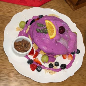 The Royale - Buttermilk Pancakes with Ube cream and fruits - Breakfast & Brunch Near Me - Pleasant Hill, California