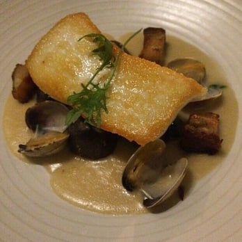 ARC Restaurant - BC Seared Halibut with Clam Chowder, Kelp, and red potatoes - Canadian (New) Near Me - Vancouver, British Columbia