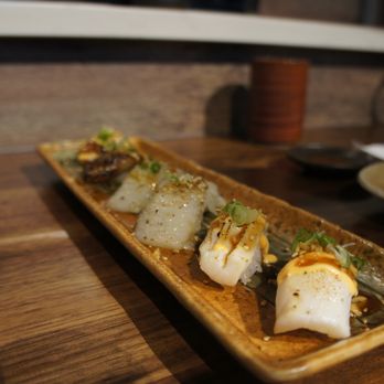 Taka's Sushi - Aburi Sushi (Front to back: Amber Jack Toro Flounder Fringe Foie Gras ) - Sushi Bars Near Me - White Rock, British Columbia Taka's Sushi - Aburi Sushi (Front to back: Amber Jack Toro Flounder Fringe Foie Gras ) - Sushi Bars Near Me - White Rock, British Columbia