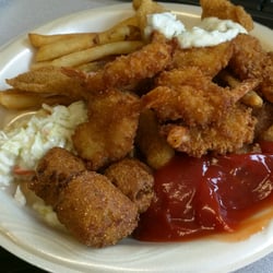 Catfish On Wheels - Plate of food. Fried catfish and shrimp. Coleslaw. Fries.