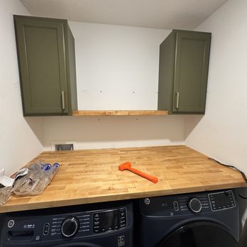 Mr Fix-it Fast - Laundry room remodel featuring wall cabinet installation and solid wood butcher block countertop. Durable, functional, clean look. - Handyman Near Me - St. Petersburg, Florida Mr Fix-it Fast - Laundry room remodel featuring wall cabinet installation and solid wood butcher block countertop. Durable, functional, clean look. - Handyman Near Me - St. Petersburg, Florida