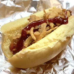 Dominion Dogs Hot Dogs & Catering - Roadhouse Hot Dog: Martin's Potato Roll, All-Beef Hot Dog, Chili, Crispy Onions, and BBQ Sauce