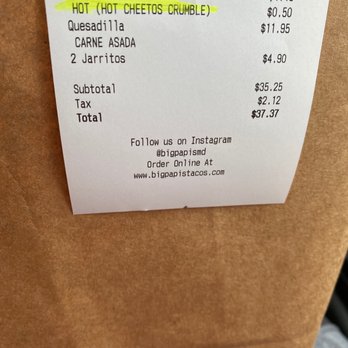 Big Papi’s - Receipt - Tacos Near Me - Frederick, Maryland