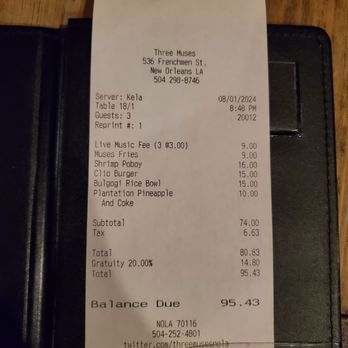 Three Muses - Reciept - Jazz & Blues Near Me - New Orleans, Louisiana Three Muses - Reciept - Jazz & Blues Near Me - New Orleans, Louisiana