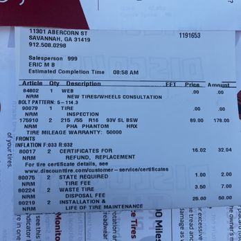 Discount Tire - Receipt - Tires Near Me - Savannah, Georgia