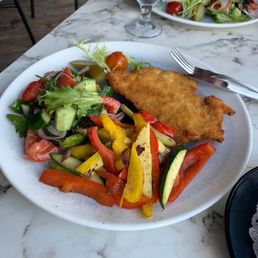 Azure - Schnitzel with grilled vegetables and house salad - food - Modern European Near Me - Brooklyn, New York