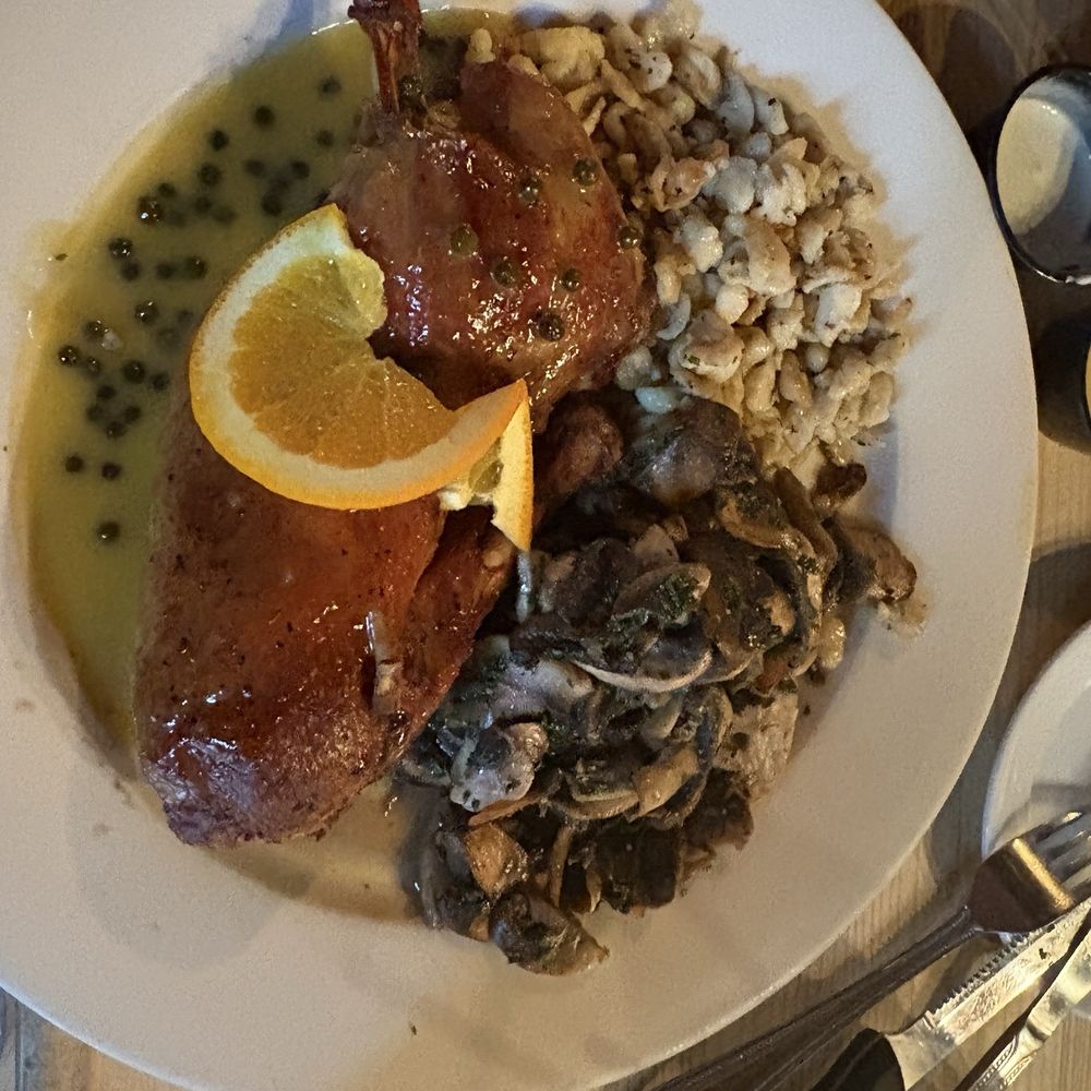 Gerhard's Cafe - Roasted Duck, Spatzle, and sautéed mushrooms - Austrian Near Me - Spartanburg, South Carolina Gerhard's Cafe - Roasted Duck, Spatzle, and sautéed mushrooms - Austrian Near Me - Spartanburg, South Carolina