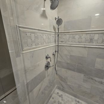 Jay the Builder - Custom marble shower design with decorative band - General Contractors Near Me - Richardson, Texas Jay the Builder - Custom marble shower design with decorative band - General Contractors Near Me - Richardson, Texas