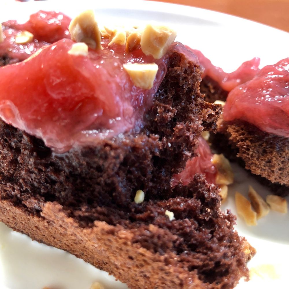 Capers + Olives - Chocolate Sponge Cake with Rhubarb - Italian Near Me - Everett, Washington Capers + Olives - Chocolate Sponge Cake with Rhubarb - Italian Near Me - Everett, Washington