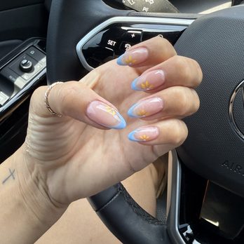 Linda Nails & Spa - Hard gel with blue French tip and yellow flowers. - Nail Salons Near Me - San Dimas, California Linda Nails & Spa - Hard gel with blue French tip and yellow flowers. - Nail Salons Near Me - San Dimas, California