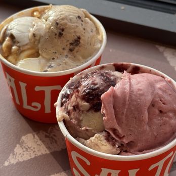 Salt & Straw - Marionberry Oatmeal Cobber (vegan), Strawberry & Coconut Water Sherbet (vegan), Sea Salt w/ Caramel Ribbons, Coffee & Love Nuts - Ice Cream & Frozen Yogurt Near Me - New York, New York