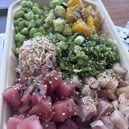 Tuna & Yellow Tail with crab meat, mangoes, cucumbers, edamame, scallions 4.898999 stars Tuna & Yellow Tail with crab meat, mangoes, cucumbers, edamame, scallions 4.898999 stars