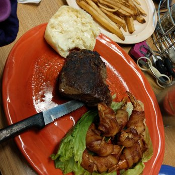 Memes D.O.C. Cafe - Steak and bacon wrapped shrimp dinner special with fries and salad. - Breakfast & Brunch Near Me - Amarillo, Texas