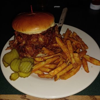 Local Legends Bar & Grill - Pulled pork sandwich w fries and pickles. - Sports Bars Near Me - Mesa, Arizona