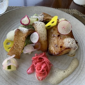 Canoe Club - Cobia fish with mushrooms and pickled cucumber - American Near Me - Bluffton, South Carolina Canoe Club - Cobia fish with mushrooms and pickled cucumber - American Near Me - Bluffton, South Carolina