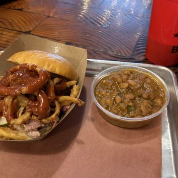 Post Oak Barbecue - Pulled Pork Sandwich and Cowboy Pinto Beans - Smokehouse Near Me - Denver, Colorado Post Oak Barbecue - Pulled Pork Sandwich and Cowboy Pinto Beans - Smokehouse Near Me - Denver, Colorado