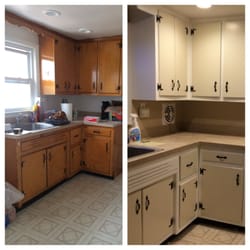 Elite Painting Services Plus - Before and after kitchen cabinet paint job.