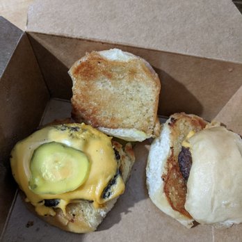 Slideways Bistro - One and a half of an all-american slider burger - beef, American cheese and pickle slice - Food Trucks Near Me