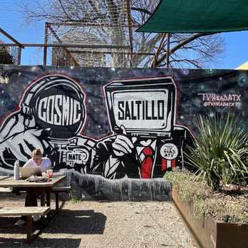 Cosmic Saltillo - Outdoor seating area mural - Coffee & Tea Near Me - Austin, Texas Cosmic Saltillo - Outdoor seating area mural - Coffee & Tea Near Me - Austin, Texas