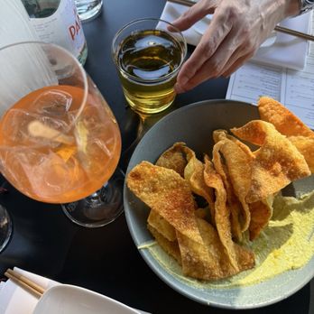 Uchi Charlotte - Edamame hummus app with wonton chips and their spritz - Japanese Near Me - Charlotte, North Carolina Uchi Charlotte - Edamame hummus app with wonton chips and their spritz - Japanese Near Me - Charlotte, North Carolina