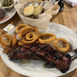 New York strip & onion rings, bread & butter for the table