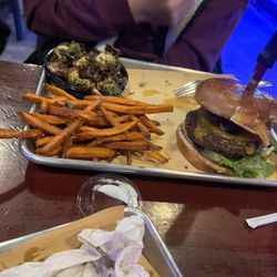 BBQ’d Productions Bar & Grill - Burnt End Burger with Sweet Potato Fries and Roasted Bacon Brussels Sprouts