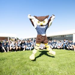 Oregon Tech - Hootie the Owl at new student orientation