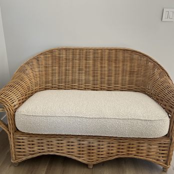 Sugar's Upholstery - Oatmeal Boucle Fabric on natural rattan - Furniture Reupholstery Near Me - Los Angeles, California Sugar's Upholstery - Oatmeal Boucle Fabric on natural rattan - Furniture Reupholstery Near Me - Los Angeles, California
