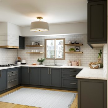 West Point Builders - a modern kitchen with grey cabinets and white countertops - General Contractors Near Me