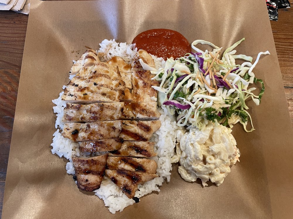The Charbroiled Teri Chicken Plate mac salad (yum), Asian Slaw, White Rice, Dry Chicken Breast