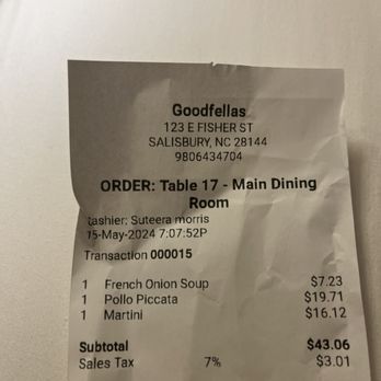 Chef Santos - Receipt showing prices different than menu states. - Italian Near Me - Salisbury, North Carolina