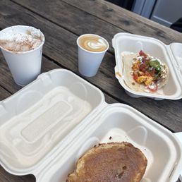 Mocha and cinnamon sugar toast along with cappuccino and tacos Mocha and cinnamon sugar toast along with cappuccino and tacos