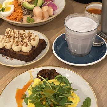 Two Hands - Seasonal Scramble Banana Walnut Bread Purple sweet potato latte - Cafes Near Me - New York, New York Two Hands - Seasonal Scramble Banana Walnut Bread Purple sweet potato latte - Cafes Near Me - New York, New York