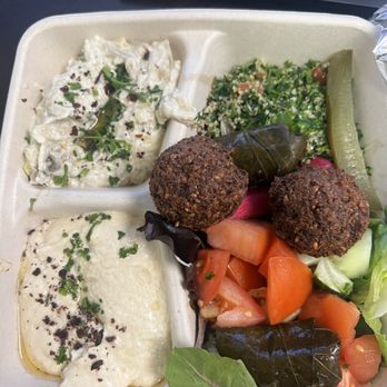Mediterranean Wraps - Combo Plate with Baba Ghannoush, Falafel, Tabouli, Dolma, Freah juicy red tomato based salad - Middle Eastern Near Me - Palo Alto, California Mediterranean Wraps - Combo Plate with Baba Ghannoush, Falafel, Tabouli, Dolma, Freah juicy red tomato based salad - Middle Eastern Near Me - Palo Alto, California