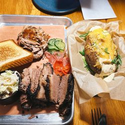 Mighty Quinn's Barbeque - Two Meat Sampler (came with brisket, pulled pork, pickles, Texas toast, slaw); Side Baked Potato