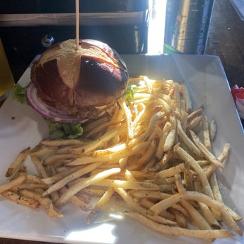 The Vanguard Brewpub & Distillery - Burger with string fries. - Brewpubs Near Me - Hampton, Virginia The Vanguard Brewpub & Distillery - Burger with string fries. - Brewpubs Near Me - Hampton, Virginia