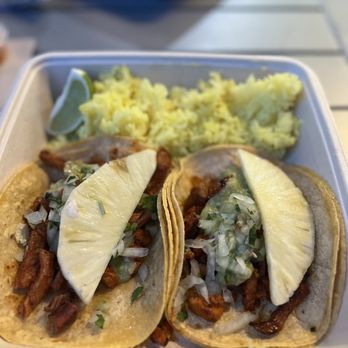 Surfside Taco Stand - two tacos and rice on a tray - Tex-Mex Near Me - Washington, DC, District of Columbia