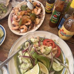 Mariscos Villareal - Shrimp ensalada (top) and shrimp green aguachile