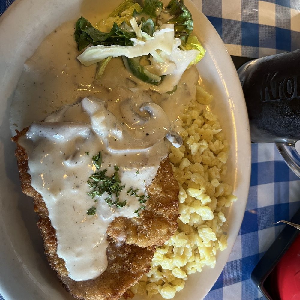 Lucky Frog Restaurant - Dark Forest - Schnitzel w. creamy Sauce, Spaetzle, Salad - Mediterranean Near Me - Bradenton, Florida Lucky Frog Restaurant - Dark Forest - Schnitzel w. creamy Sauce, Spaetzle, Salad - Mediterranean Near Me - Bradenton, Florida