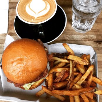 Parlay - Caramel latte, chicken steak burger and hand but sweet potato fries. - New American Near Me - Sunset Park, New York
